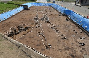 両側の路肩に側溝が掘られた古代の道路の跡です