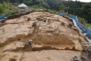 表土等を取り去って残っていた墳丘がみえているところ。手前に墳丘を区画する周溝が見えています。