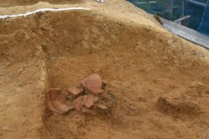墳丘墓の周溝の浅い部分から、土器が割れてかたまって出土しているところ。